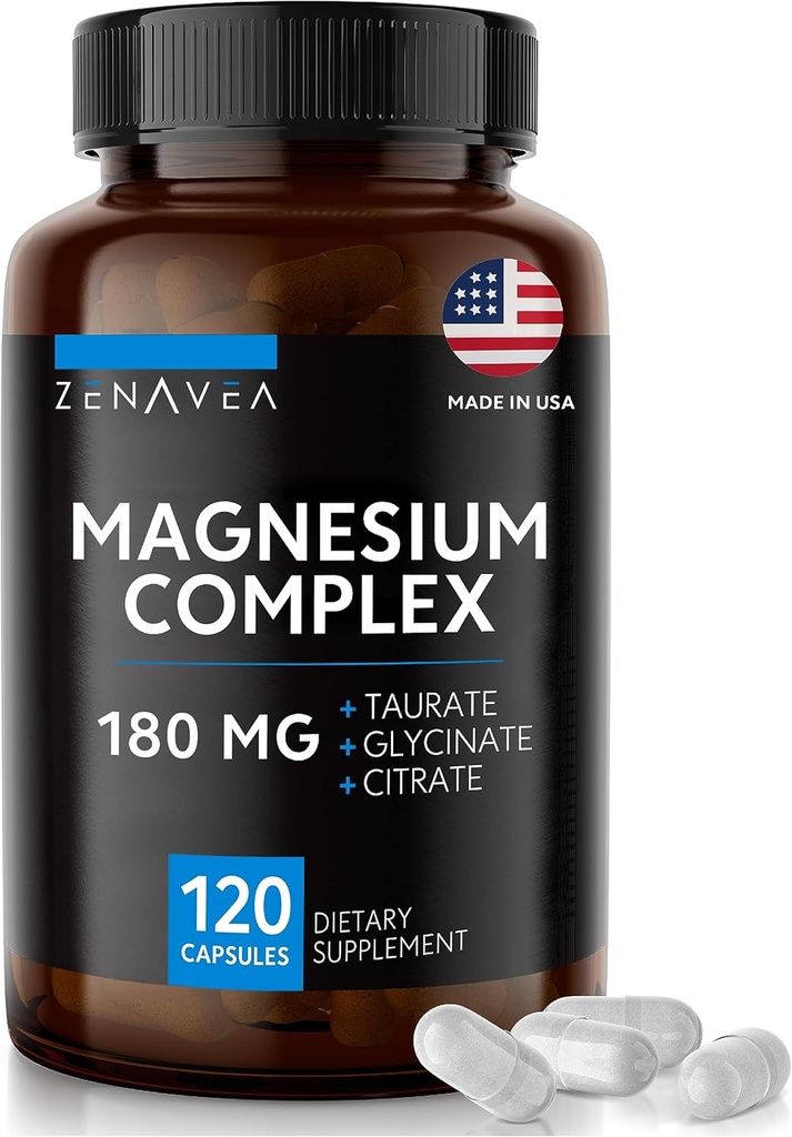 Triple Magnesium Complex Supplement (120 Vegan Capsules) - 180mg of Magnesium Glycinate Taurate and Citrate - Calm Magnesium Complex Supplements