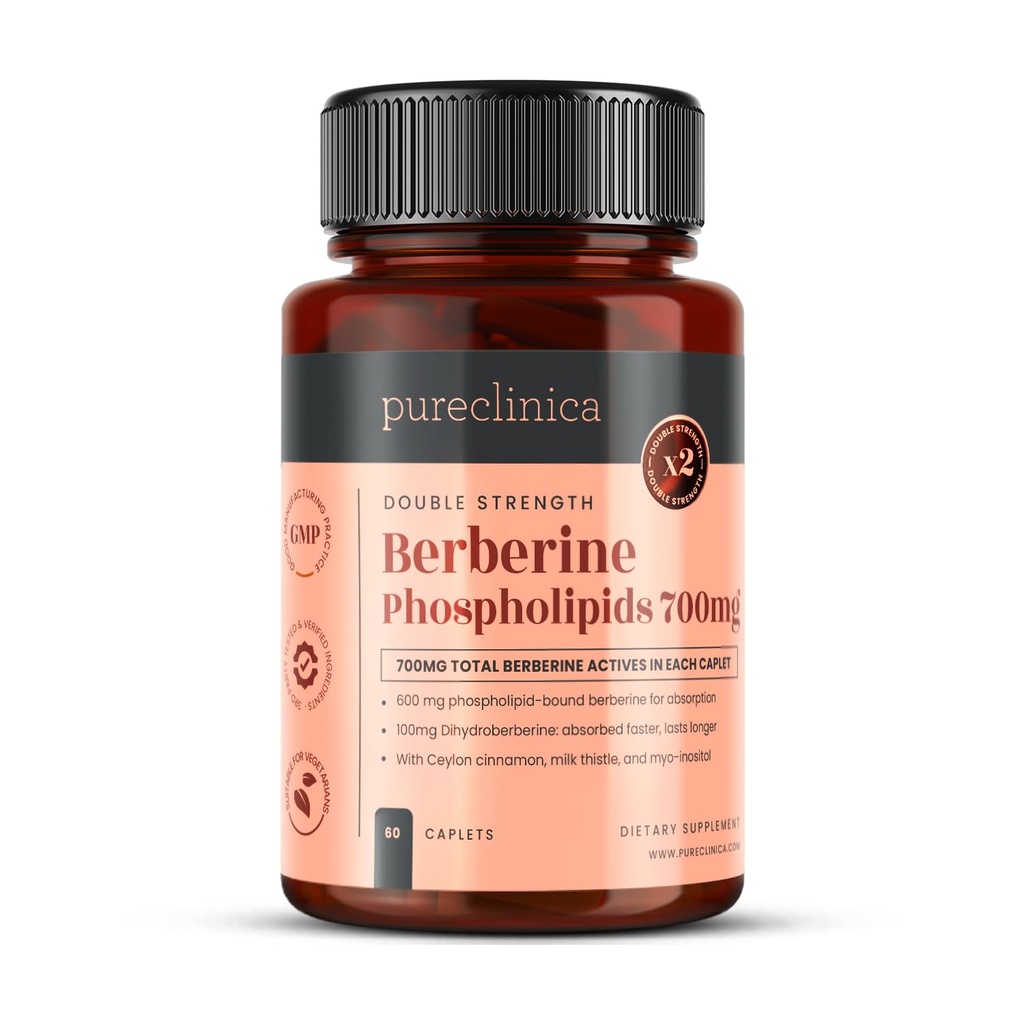 pureclinica Double Strength Berberine Complex – 700mg Active Berberine – Dihydroberberine, Ceylon Cinnamon, Milk Thistle – 60 Caplets – High Absorption – 2 Month Supply