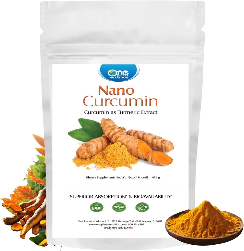 One Planet Nutrition Nano Curcumin Powder 16 oz (454 Servings), Puro Extracto Turmérico, Absorción Máxima para Beneficios de la Curcumina Mejorada, No GMO, Vegan, Sin gluten.