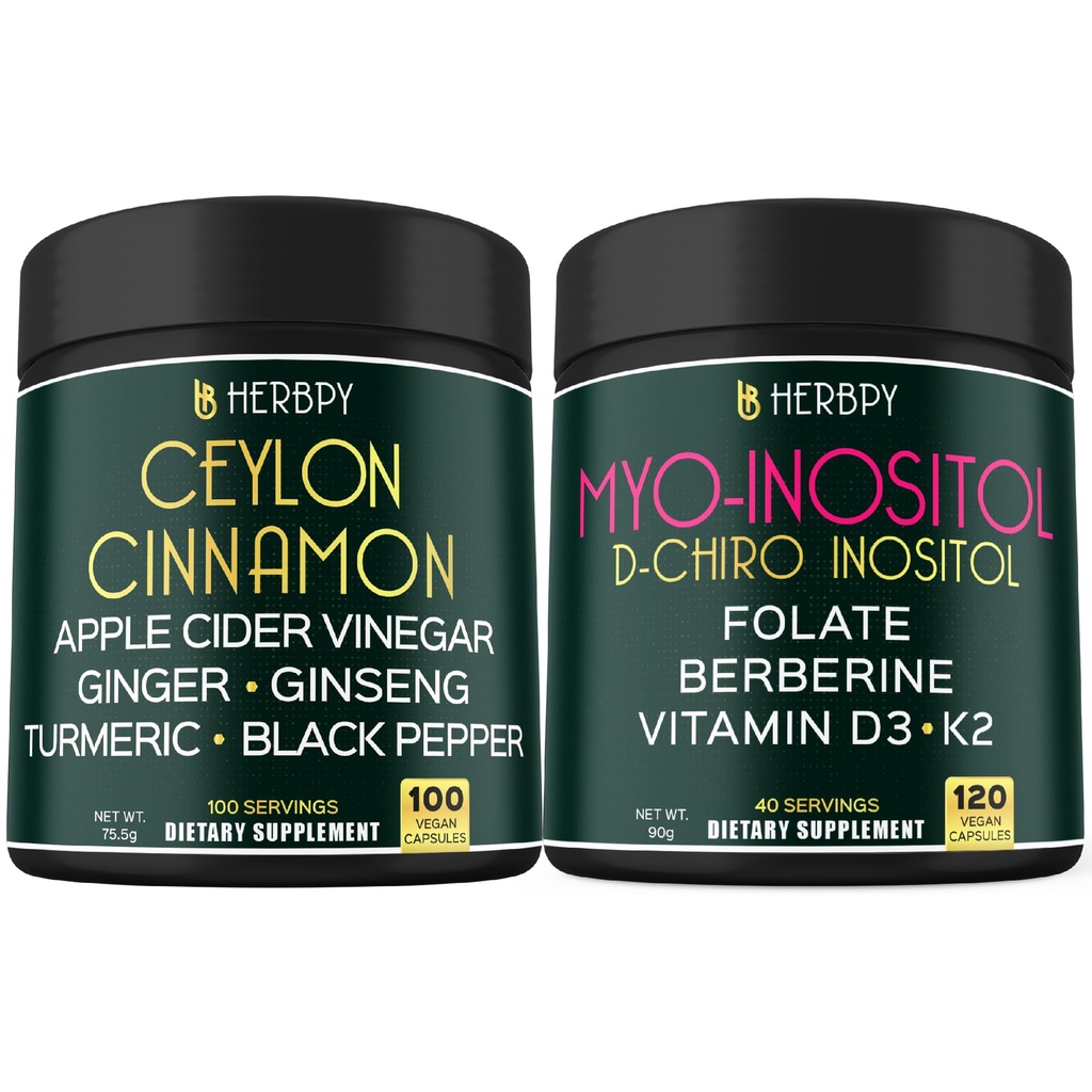 Herbpy Bundle Premium 6in1 Premium Ceylon Cinnamon Capsules 755mg/serving (100 Count 100 Servings) & 6in1 Myo-inositol & D-Chiro Inositol Supplement for Women 2250mg/serving (120 Count 40 Servings)
