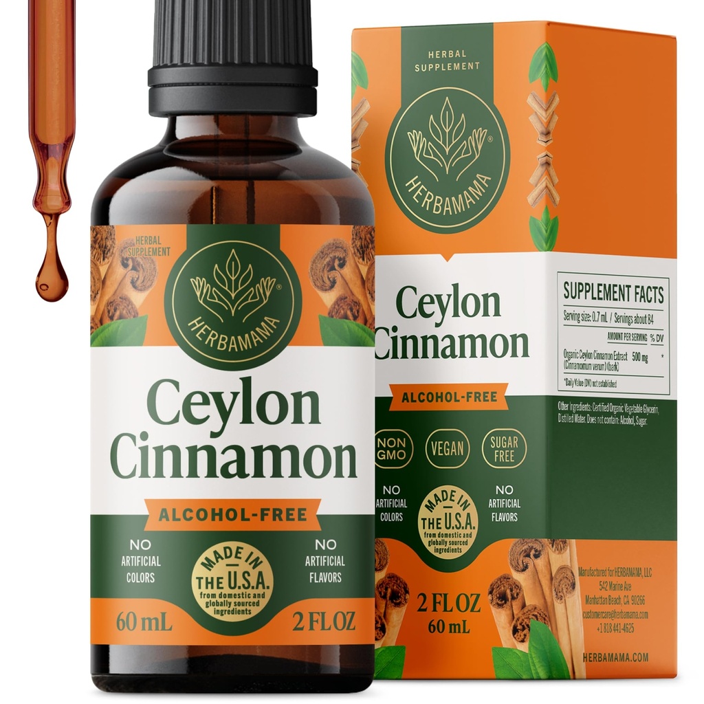 HERBAMAMA Ceylon Cinnamon Supplements – Ceylon Cinnamon Extract Liquid – Metabolic Support with Antioxidant Properties for Healthy Blood Sugar Levels – Non-GMO, Alcohol & Sugar-Free, 42-Day Supply