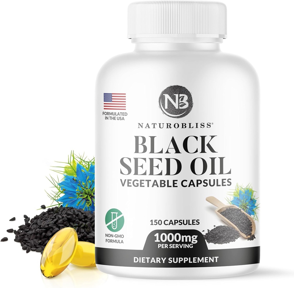 NaturoBliss Black Seed Oil - 150 Softgel Capsules Skin Health (No-GMO & Vegan) Premium Cold-Presed Nigella Sativa Producing Pure Black Cumin Seed Oil - 1000mg Per 2 Capsule Serving - 75 Servings