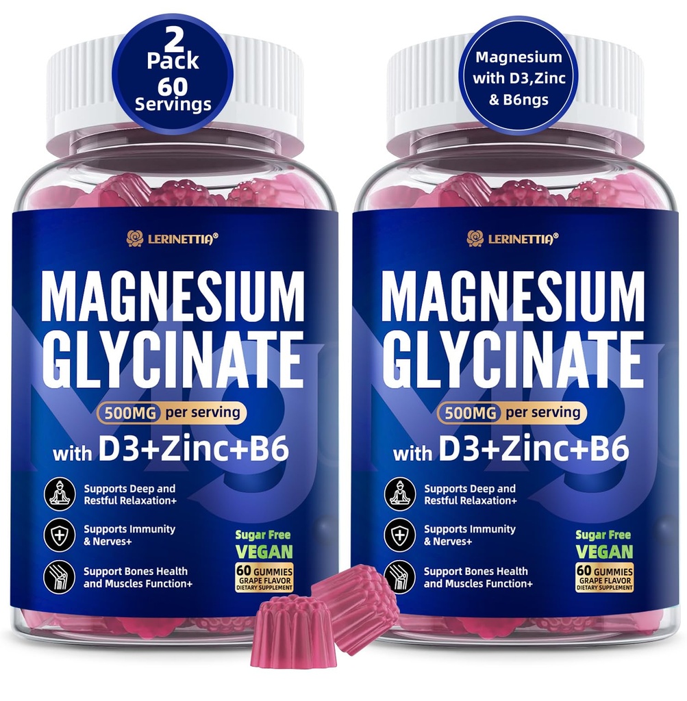 Magnesium Glycinate 500mg/250mg for Adults Teens - Plus D3,B6 & Zinc - Magnesium Glycinate Gummies,High Absorption - Support for Relaxation,Brain,Bone & Immunity Health - Sugar Free - 120Cts