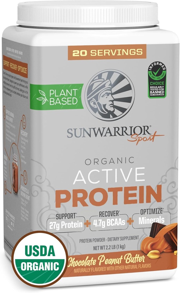 Sunwarrior Planta Orgánica Basada en Polvo Proteína Silencioso Vegan Orgánica Proteína Polvo con BCAAs Plus Recuperación Minerales & Botanicas Silencio No-GMO Soy Dairy &amp; Gluten Gratis (Chocolate Peanut Butter, 20 Servings)