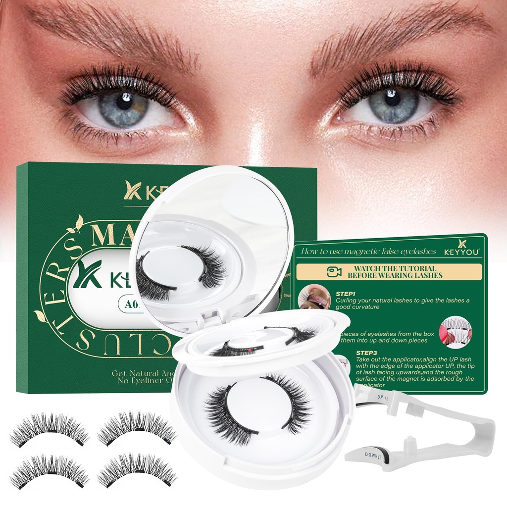 KEYYOU Daily Wear Reusable Magnetic Eyelashes 2 Pair with Applicator No Glue Needed 3D Natural Magnetic Lashes, Easy to Apply & Long Lasting for Daily Use & Events(A01+A01)