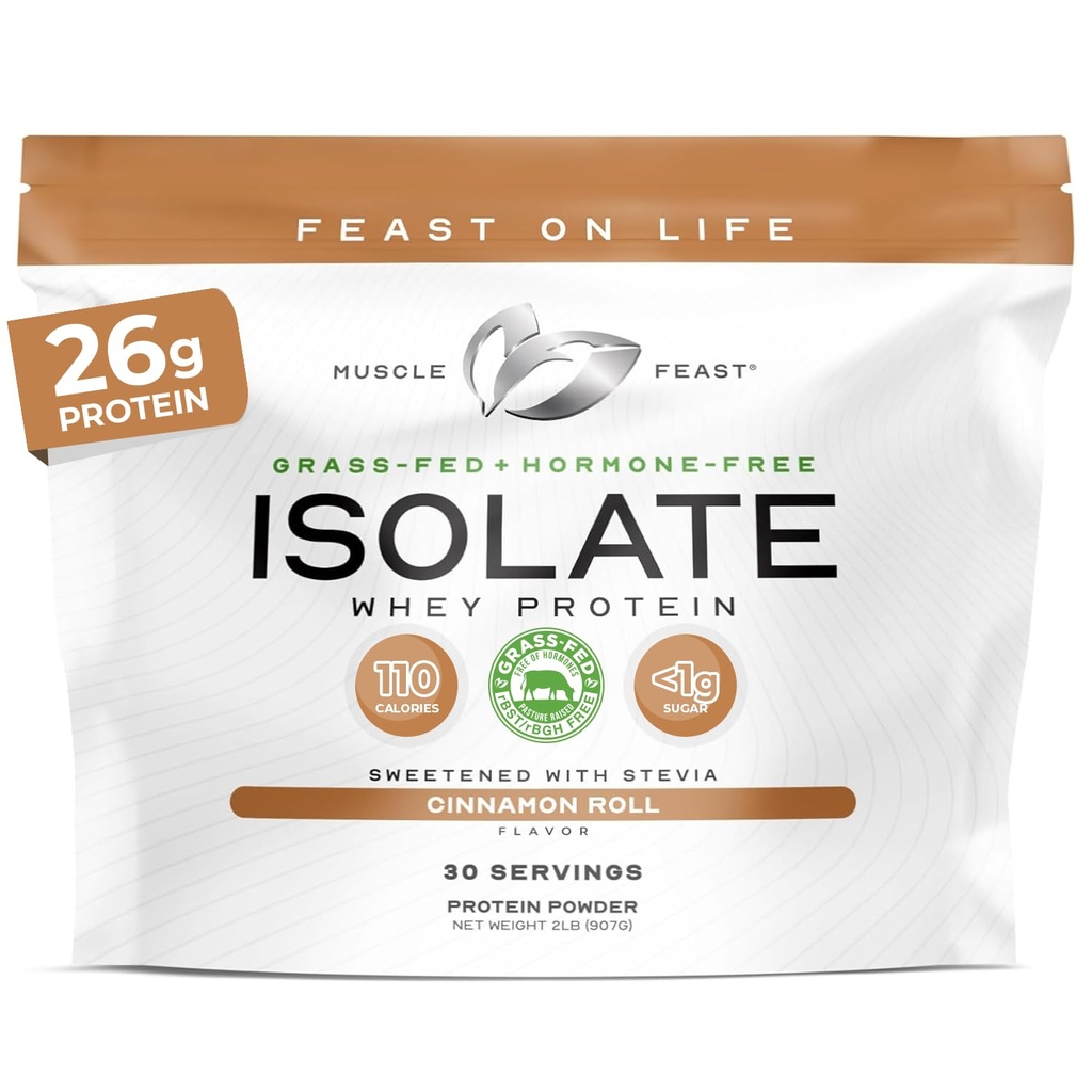Muscle Feast Grass-Fed Whey Protein Isolate, All Natural Hormone Free Pasture Raised, Whey Isolate Protein Powder for Men and Women, Clean, Gluten-Free, Delicious Isolate Protein - Cinnamon Roll, 2lb