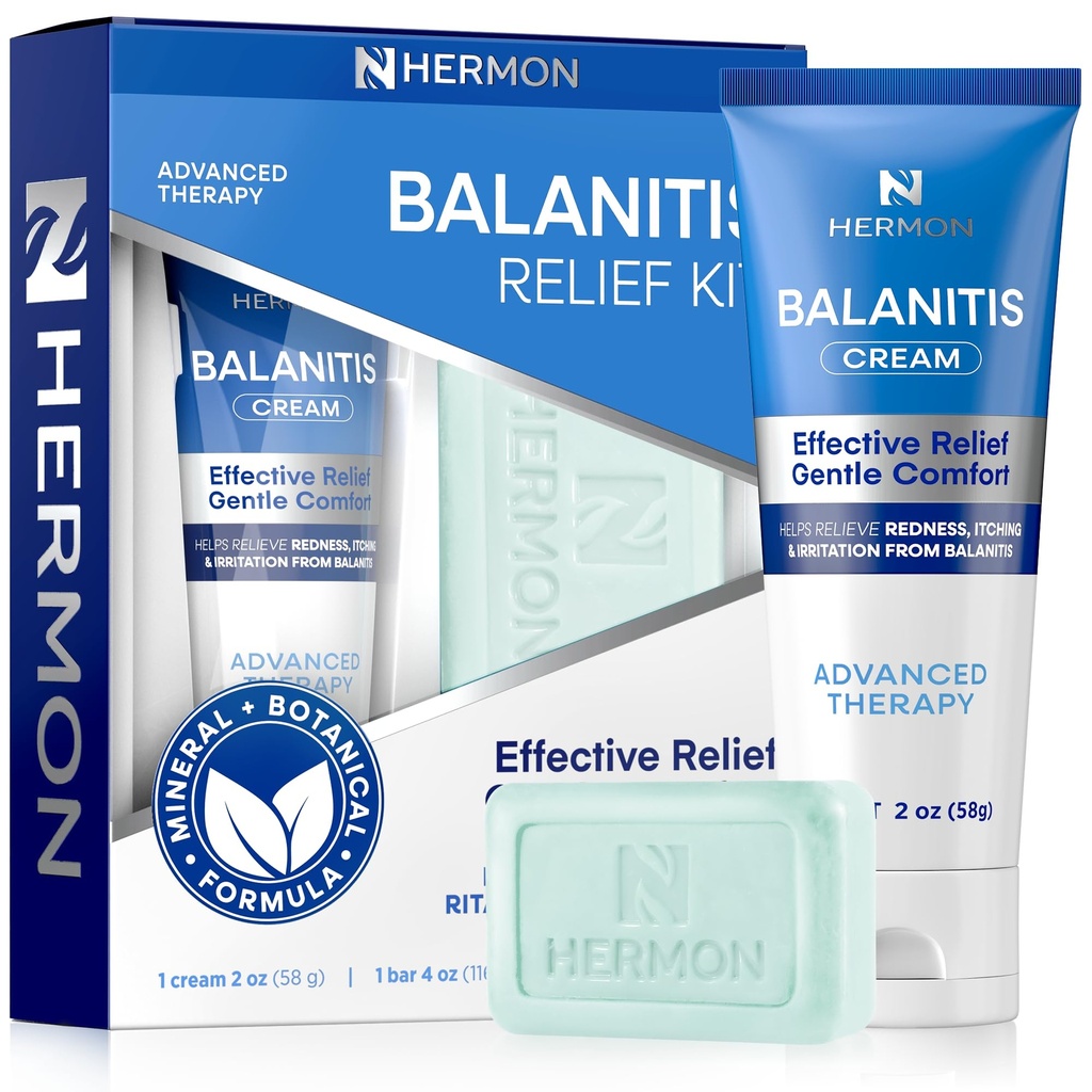 Hermon Balanitis Treatment for Men Relief Kit: Soothing Cream 2oz & Clotrimazole 1% Cleansing Soap 4oz – Helps Relieve Redness, Itching & Irritation – Gentle Care for Sensitive Areas