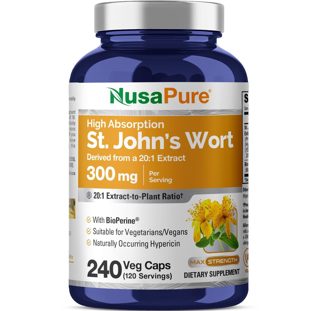 NusaPure St. John's Wort 20:1 Extracto, 300 mg Equivalente a 6.000mg 240 Veggie Capsules (Vegetariano, No GMO) Bioperina