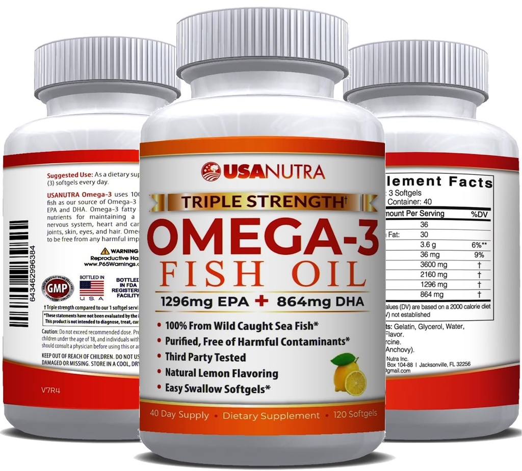 Omega 3 Fish Oil Supplement 3600mg with EPA and DHA for Women and Men Supports Joint, Brain and Heart Health 120 Softgels, 40 Day Supply