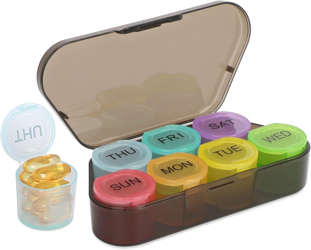 NatureTouch Organizador semanal de píldoras, organizador de medicamentos gratuitos BPA Rainbow 7 Day Pill Box, contenedor diario de píldoras portátiles para píldoras/Vitamin/Fish Oil/Supplements [última versión],Negro