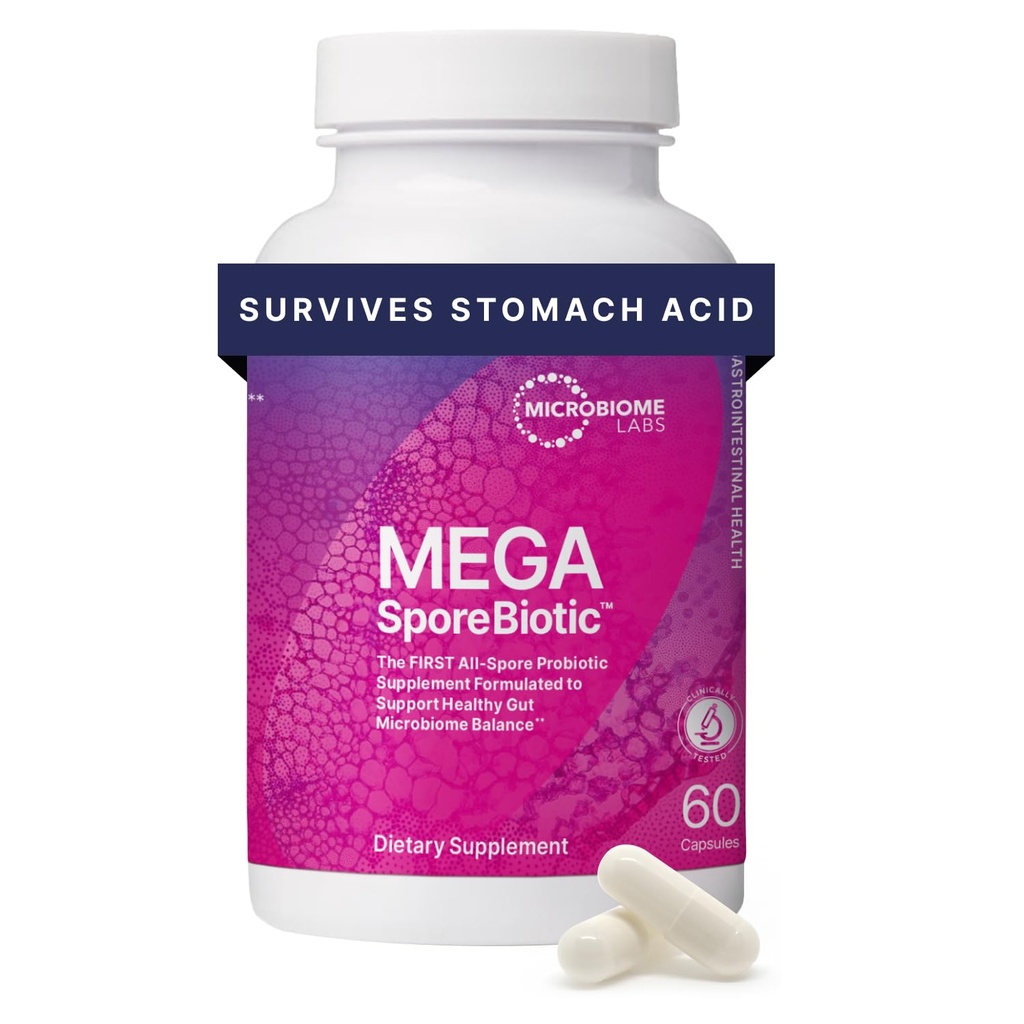 Microbioma Laboratorios MegaSporeProbióticos Bioticos para Hombres Mujer - Probiótico de base esporádica para Gut Health &amp; Digestive Support - Establo-Stable, Travel-Friendly, Probióticos para Mujeres (60 cápsulas)