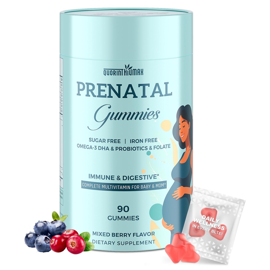 Quorinthiumax Prenatal Gummies Sugar Free 90 Count - Organics Prenatal Vitamins for Women with Folate, DHA & Probiotics - Iron Free Prenatal Vitamin Gummies for Immune & Digestive - 1 Bottle
