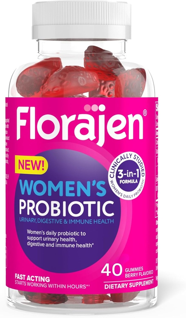 Florajen Gummies Probióticas - Triple-Acción Prebiótico + Probiótico + Arándano para Digestivo, urinario, &amp; Apoyo Inmunitario - Activo rápido - Vegan &amp; Gluten-Free - 40-Count