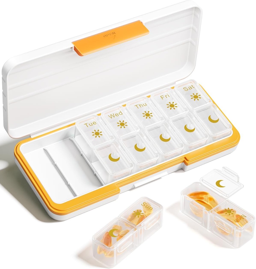 AM PM Organizador de píldoras 2 veces al día, 7 días Caja de píldoras Organizador semanal Viaje con contenedor separado, dispensador de medicamentos diarios portátiles para vitamina, aceites de pescado, suplementos(Beige)