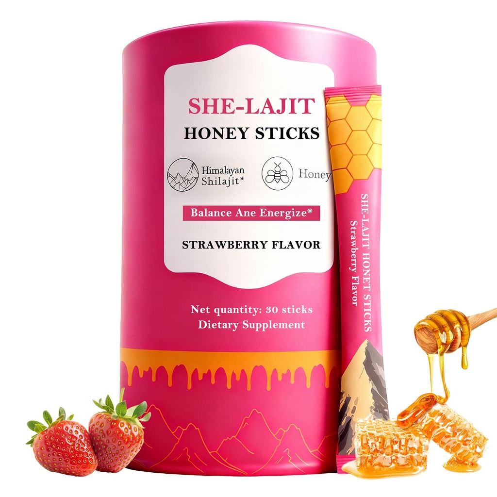 Shilajit Honey Sticks for Women, Strawberry Flavor Honeysticks, Shilajit with Shatavari & Saffron,75%+ Fulvic Acid, 85+ Trace Minerals for hormonal Balance, Boost Energy & Stamina - 30 Sticks