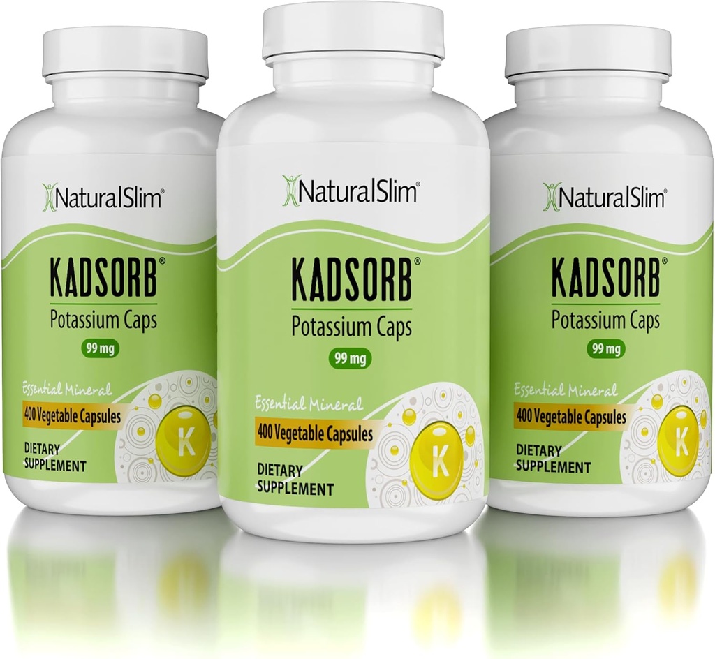 NaturalSlim Natural Potassium Citrate Gluconate 99 mg - Kadsorb Supports Electrolyte Balance & Normal pH - Suplementos de Potasio Absorbable con Minerales Esenciales - No GMO 400 cápsulas 3 Pack