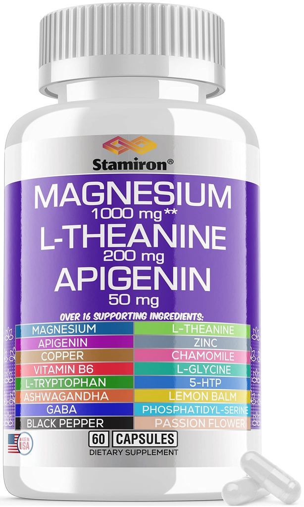 Complejo de magnesio 1000mg L Theanine 200mg Apigenin 50mg Suplemento con Mag Glycinate Citrate Malate Taurate + Chamomile 5-HTP Pasión Flores Lemon Balm B6 Ashwagandha y L Tryptophan - Made in USA