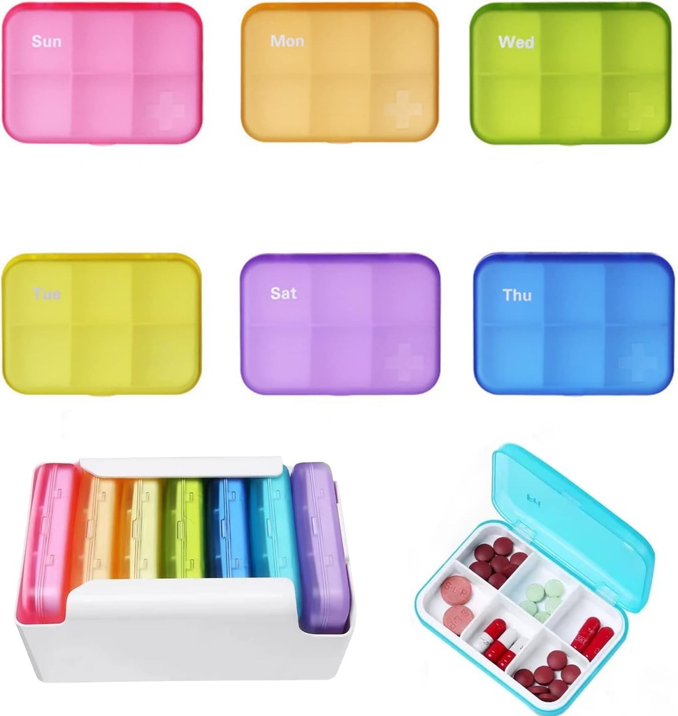 7 Piece Set Pill Organizer 6 Times a Day, Weekly Daily Travel Medicine Organizer Portable 7 Day 42 Compartments Pill Box with Moisture-Proof Pill Case Travel Pill Container for Vitamins,Supplements