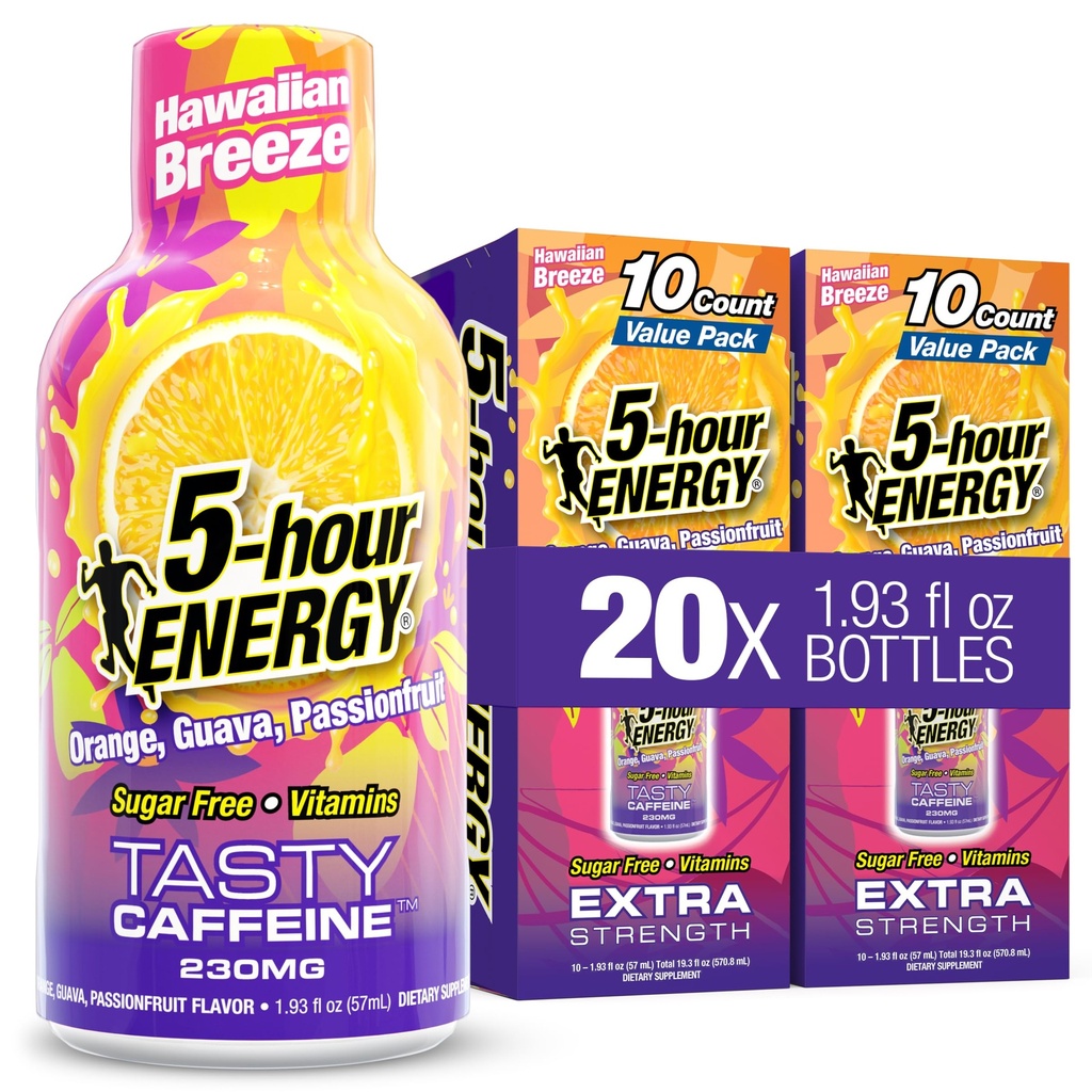 5-hour ENERGY HAWAIIAN BREEZE Flavor, 20 Count, 1.93 Fl Oz Energy Shot, Extra Strength, Amino Acids, B Vitamins, Sugar Free and Zero Calories