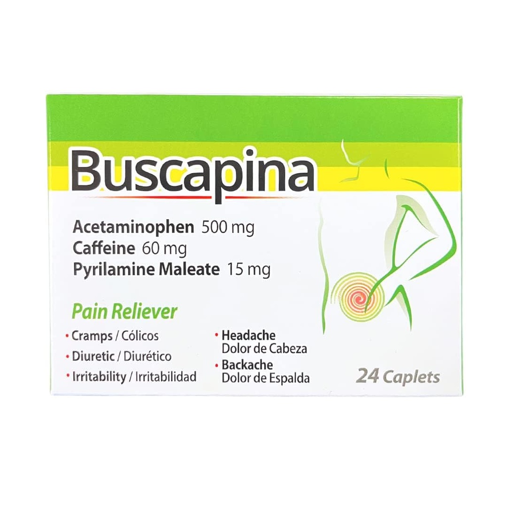 Buscapina Pain Relief Caplets – PMS, calambres, dolores de cabeza, Bloating, Back &amp; Joint Pain – para Mujeres y Hombres – Caja con 24 Caplets