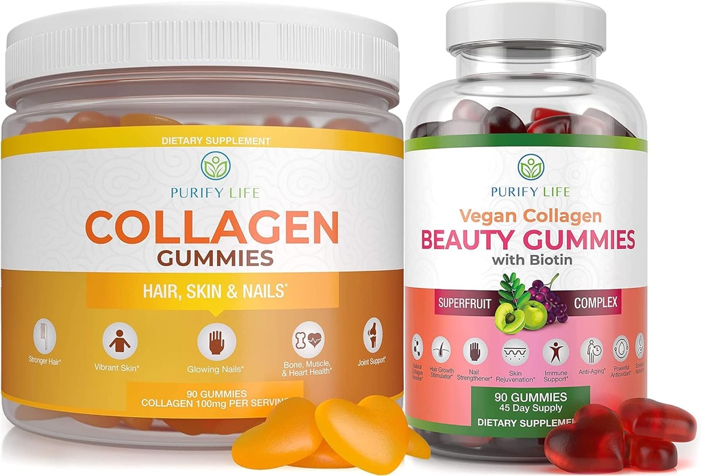 Purify Life Marine Collagen &amp; Vegan Collagen Bundle, Gummies Vitamins for Hair Skin and Nails Health (90 Chews), Pore Reducer &amp; Elasticity, Reemplace Capsules, Pills