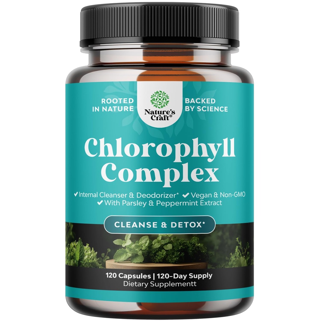 Chlorophyll Capsules for Cleanse and Detox Support - Internal Deodorant Pills for Body Odor with Mint & Parsley Extract Healthy Skin Immunity & Digestive Support - Vegan Non-GMO & Gluten Free (120ct)