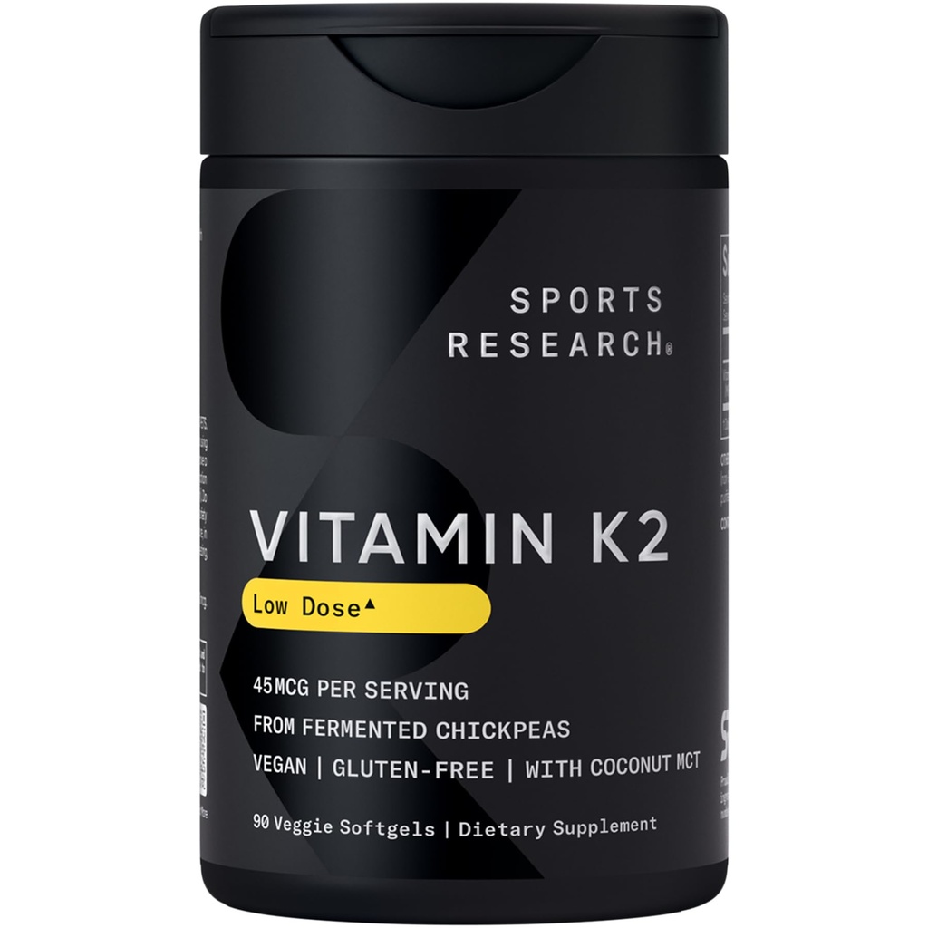 Sports Research® Low Dosage Vitamin K2 as MK-7 45mcg with Coconut MCT Oil - 90 Veggie Softgels - Vegan Certified, Non-GMO Verified & Gluten-Free