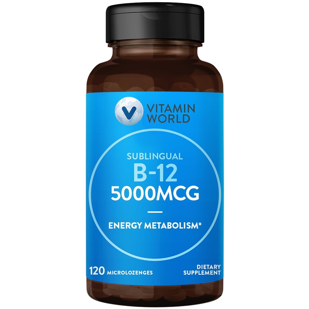 Vitamin World Vitamin B-12 5000 mcg. Sublingual 120 Microlozenges, Supports Energy Metabolism, Supports Heart Health