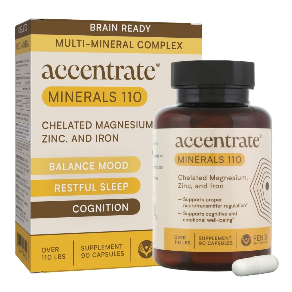 Accentrate Minerals 110 - Brain Ready Nutrition for Teens and Adults – Chelated Magnesium, Zinc, Iron – Mental Wellness Mineral Supplement for Focus, Mood & Brain Support – 90 Capsules