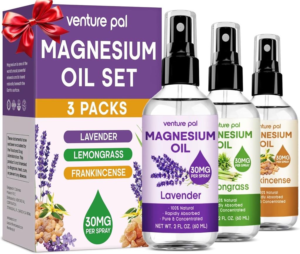 Venture Pal 3-Pack Topical Magnesium Oil Spray Set for Feet – Ideal Gift for Relaxation, Better Sleep, Muscle Relief for Legs & Joints, Healthy Hair & Skin. Fast Absorption, Non-Greasy