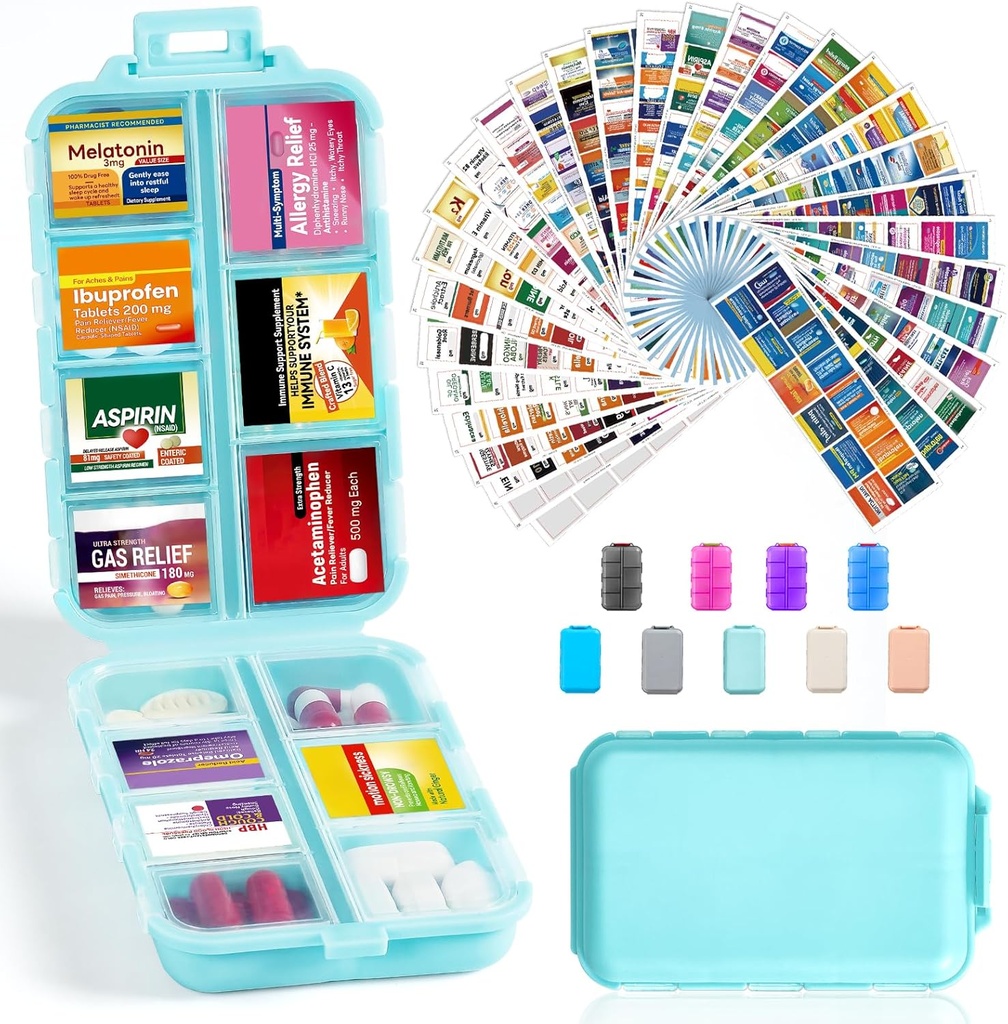 14 Grids Travel Pill Organizer Box with 415-Pcs Medicine Name Labels - Pocket Daily Pharmacy Case Container Kit - Travel Medication Holder Dispenser for Fish Oil Vitamin Supplement Storage - Sky Blue