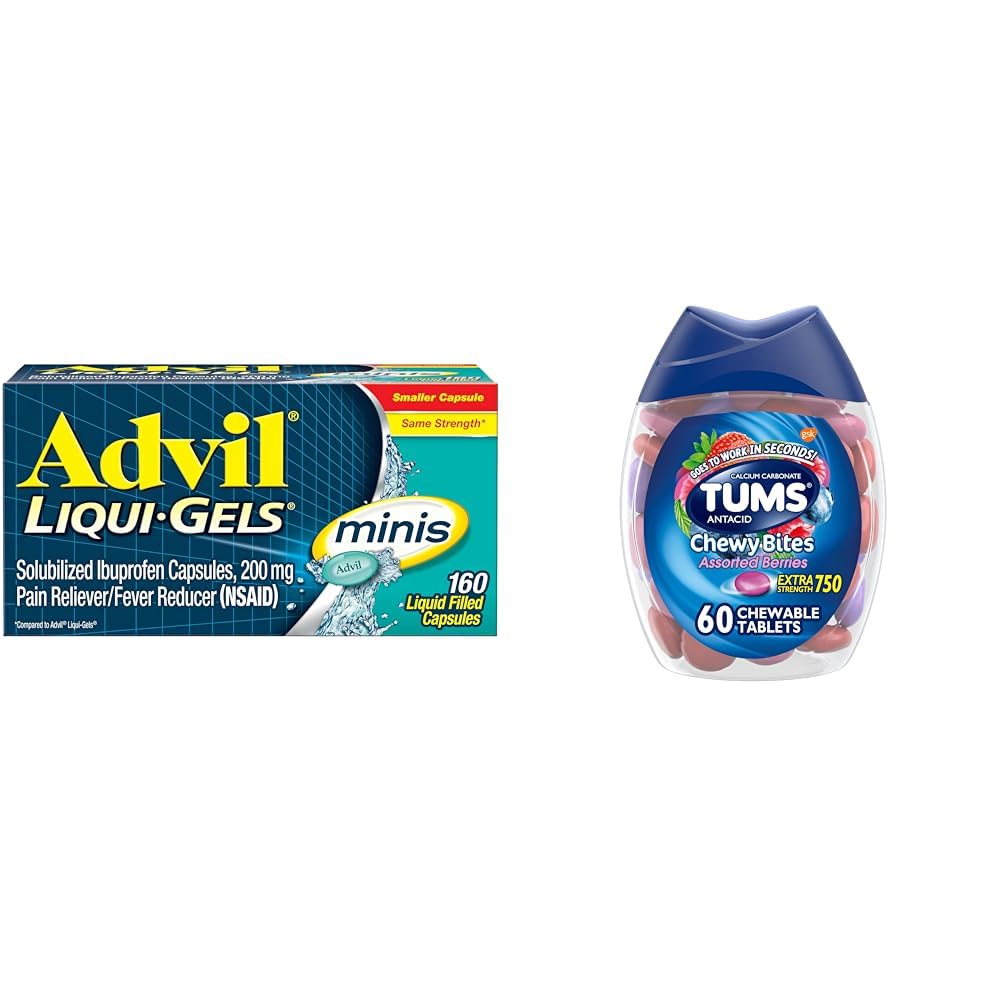 Advil Liqui-Gels Minis Pain Reliever and Fever Reducer, Pain Medicine for Adults & TUMS Chewy Bites Antacid Tablets for Chewable Heartburn Relief and Acid Indigestion Relief