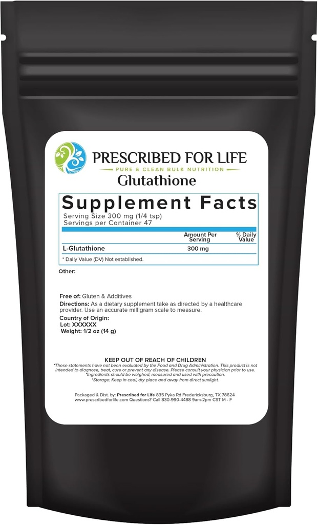 Prescrito para la vida L Glutathione Powder, Glutatión Reducida Pura, Tripeptide of Amino Acids Glycine, Glutamine y Cysteine, Antioxidantes Suplemento para el soporte de inmunológico (0.5oz / 14g)