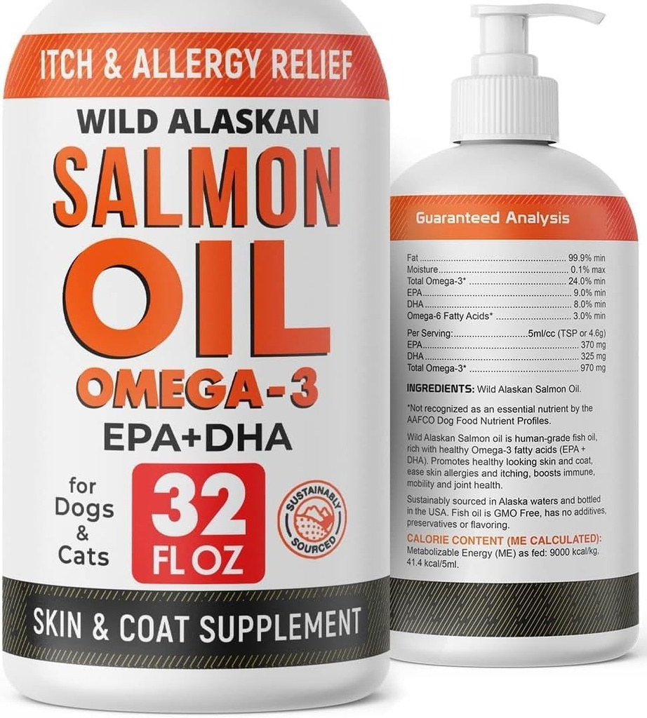 StrellaLab 32 OZ Salmon Oil for Dogs - Omega 3 for Dogs & Cats, Itch & Allergy Relief, Wild Alaskan Salmon Oil for Skin & Coat, Fish Oil Liquid, Shedding Health Support EPA & DHA Fatty Acids