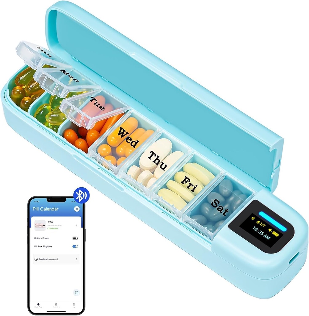Daviky Smart Pill Organizer with Alarm, Bluetooth Daily Once a Day Pill Box 7 Day with APP, Weekly Travel Pill Case, Portable Pill Reminder for Medicines, Supplements and Vitamins(Green)