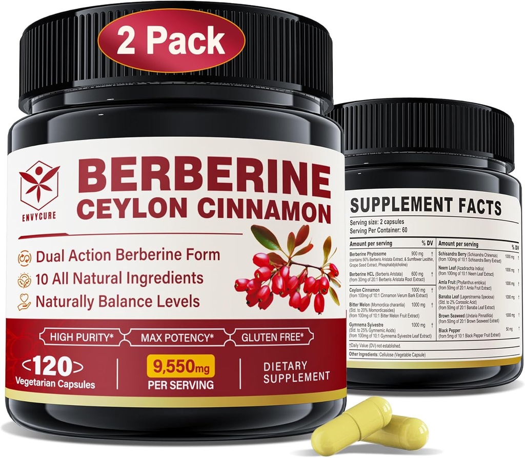Suplemento de bereberina 1500mg con canela de Ceylán, Melón de Bitter, hoja de plátano " Extracto botánico para la gestión del cuerpo de apoyo inmunitario " , Fórmula 10-in-1 con HCL de Berberina, no GMO, 240 cápsulas de verduras