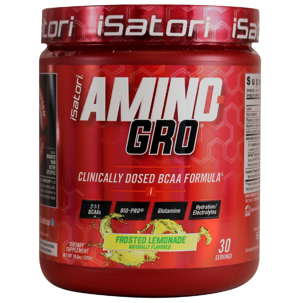 iSatori Amino-GRO BCAA Powder, Branched Chain Amino Acids with Glutamine, Electrolyte Powder & Bio-GRO Bio-Active Peptides for Muscle Growth & Post Workout Recovery, Frosted Lemonade (30 Servings)
