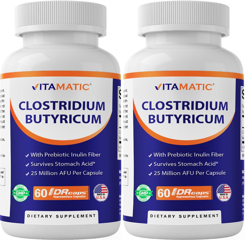 Vitamatic Clostridium butyricum 25 Million - Gut Health - 60 DR Capsules (Delayed Released) - Made with Prebiotic Inulin Fiber- 2 Pack