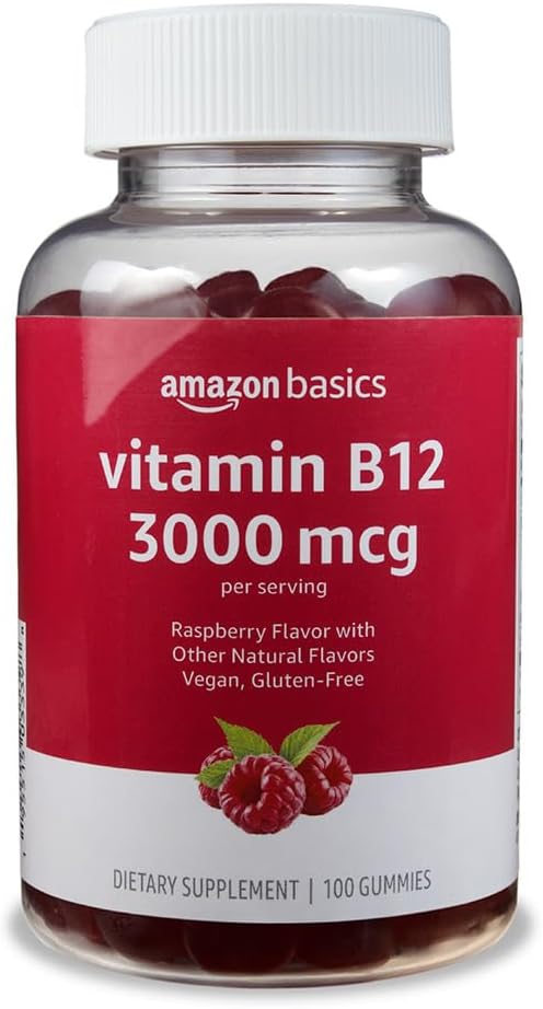 Básicos Vitamina B12 3000 mcg Gummies, Producción Normal de Energía y Metabolismo, Apoyo al Sistema Inmunitario, Raspberry, 200 Conde (2 Packs de 100), 2 por servicio