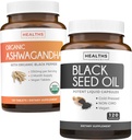 Bundle of Black Seed Oil " Organic Ashwagandha - Renew " Recharge Bundle - Black Seed Oil - 120 Soft-gel Capsules (No-GMO " Vegetariano) and Organic Ashwagandha Root Powder 1350mg serve (120 Tablets)