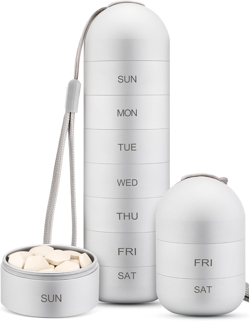 Zannaki Metal Moisture Proof Weekly Pill Organizer, Stackable Aluminum Alloy BPA Free Travel Hiking 7 Day Pill Box Fund Waterproof and Large Compartment to Hold Pills, Vitaminas, Fish Oil, Suplementos