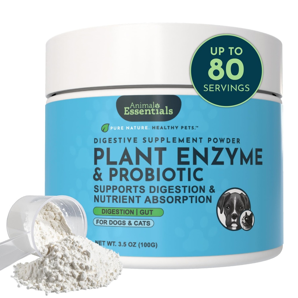 Animal Essentials Plant Enzyme & Probiotics - Probiotics & Digestive Enzymes for Dogs & Cats, Natural Daily Gut & Digestion Support Supplement for Pets, Plant Based - 3.5 Oz
