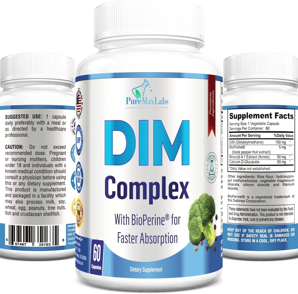 DIM Supplement – 150mg DIM (diindolylmethane), Broccoli, Calcium D-Glucarate & Bioperine - Hormone Balance for Men & Women, Estrogen, Menopause Balance - 60 Capsules