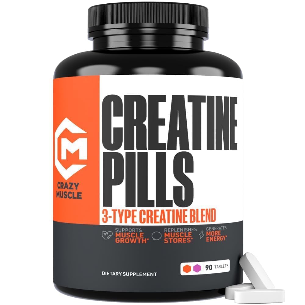 Píldoras de crema de musculo loco, 5g 3X Monohidrato de crema pura, Ganador de masa muscular de granel de entrenamiento previo, alta absorción Fácil de tomar 3Atine 3 Tipo de rendimiento óptimo para el crecimiento magro, 90 Tabletas