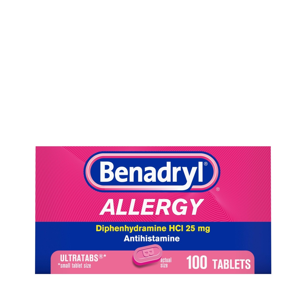 Benadryl Ultratabs Allergy Medicine, 25 mg Diphenhydramine HCl Antihistamine Tablets for Cold &amp; Allergy Relief of Symptoms Like Sneezing, Runny Nose, Itchy Eyes & Throat, Hay Fever, 100 Count Tablets