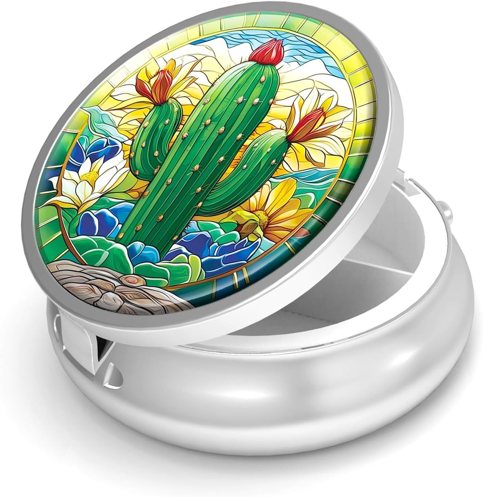 Pill Box-3 Compartment Funda de pequeña pill para purse &amp; Pocket Mini Metal Pill Holder Travel Pill Container to Hold Supplements Vitamins BPA-Free (Cactus)