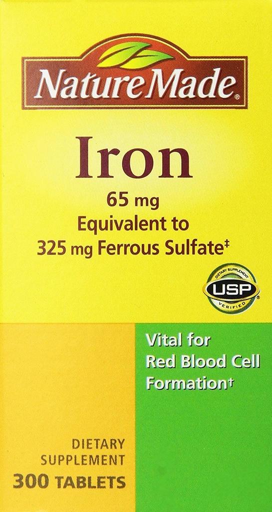 Nature Made Iron 65mg, Equivalente a 325 mg Sulfato Ferroso - 300 Tabletas