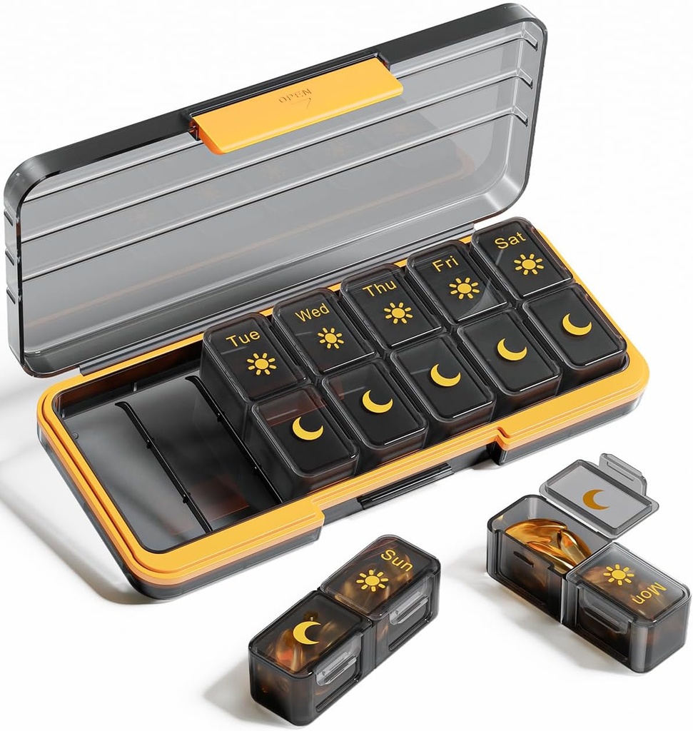 AM PM Organizador de píldoras 2 veces al día, 7 días Caja de píldoras Organizador semanal Viaja con contenedor separado, dispensador de medicamentos diarios portátiles para vitamina, aceites de pescado, suplementos (BlackGold)