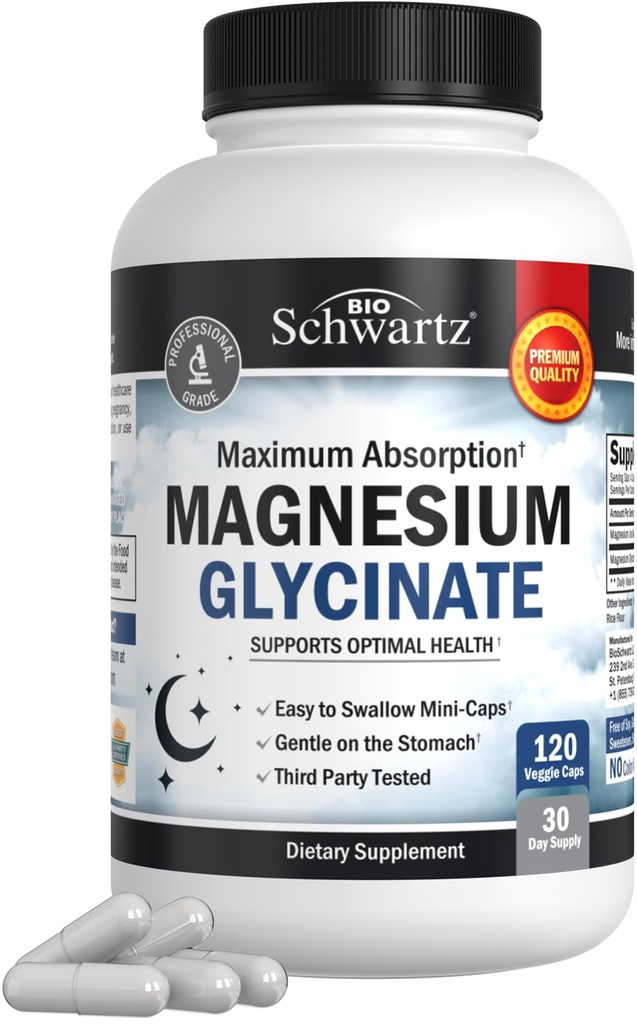 BioSchwartz Magnesium Glycinate 500mg Capsules (120 Mini Caps) Maximum Absorption Magnesium Supplement for Healthy Nerves Muscles Heart Mood and Sleep Support (Vegan, Gluten-Free, Non-GMO)