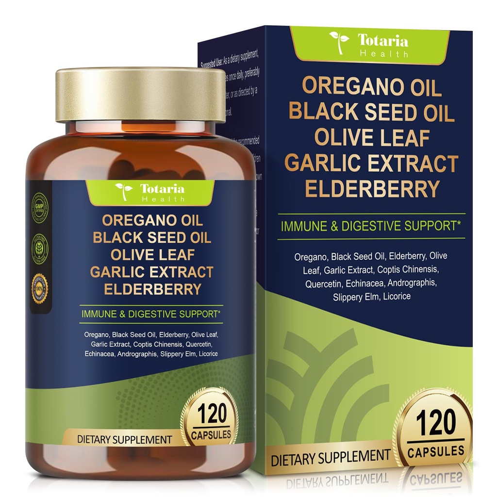 Totaria Oil of Oregano with Black Seed Oil Capsules High Absorption with Garlic,Olive Leaf,Quercetin,Black Pepper and More Supplement for Women and Men Immune Support Digestive Health 120 Counts